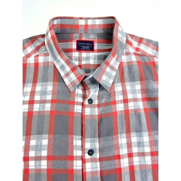 Untuckit Size 3XL Mens Gray White Red Check Long Sleeve Cotton Logo Shirt - Picture 1 of 10